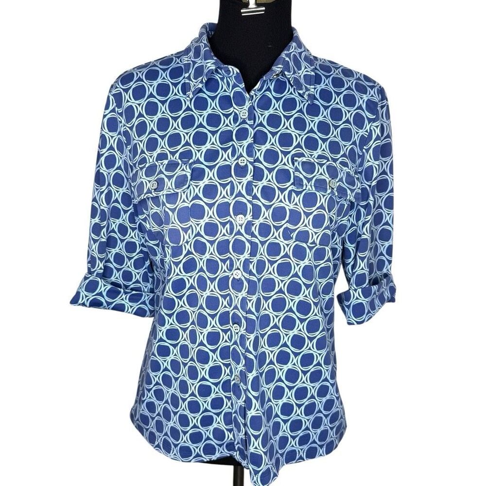 J. McLaughlin Women’s Large Blue Geometric Button Front Shirt 3/4 Sleeve Blouse
